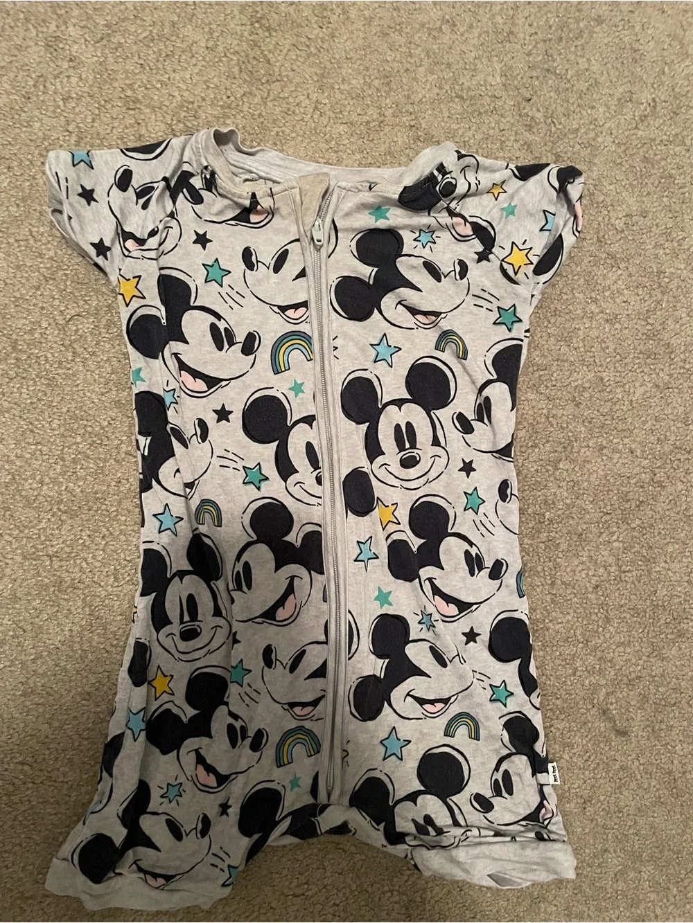 Little Sleepies Gray Disney Mickey Mouse Zip One-Piece with Stars & Rainbows